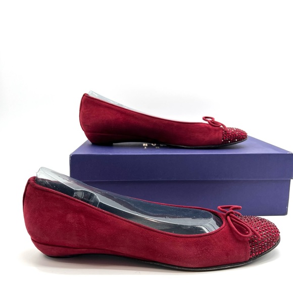 Stuart Weitzman Suede Ballet Flats Sz 8 N Scarlet Bow Rhinestone Bling Slipper - Picture 3 of 12